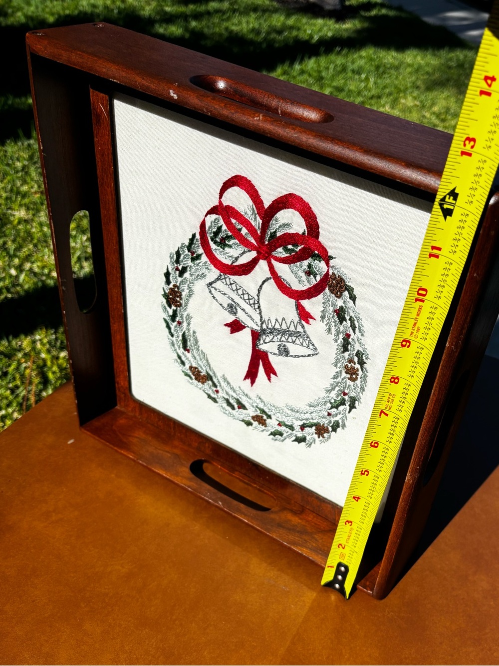 Needlepoint Holiday Wreath Woodrn Tray with Red Ribbon Accent